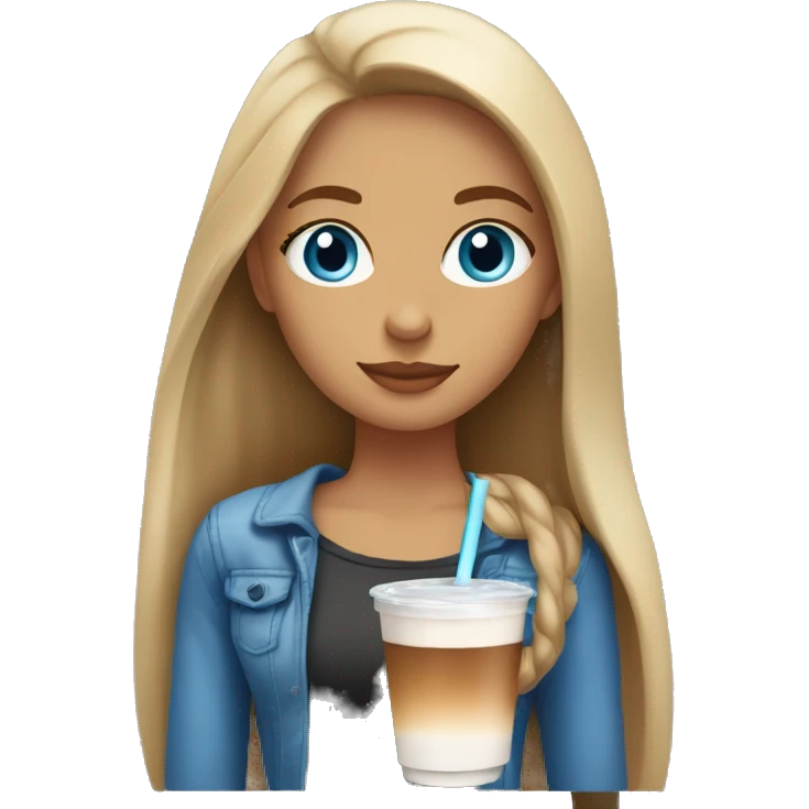 Girl with blue eyes long straight brown hair with blonde highlights sipping iced coffee emoji