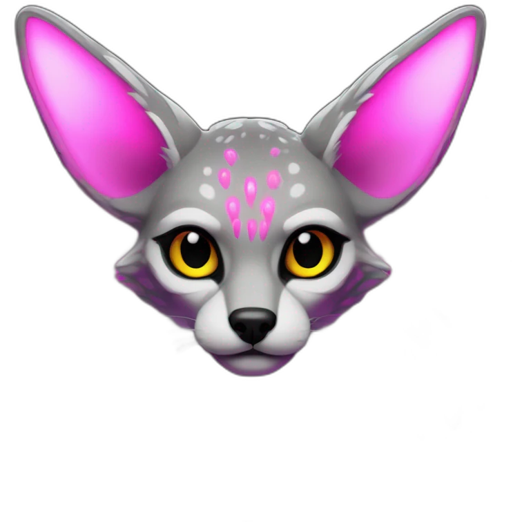Coyote ocelot standing with grey and black fur and phoenix wings on back and pink ears half skeleton, neon lights emoji