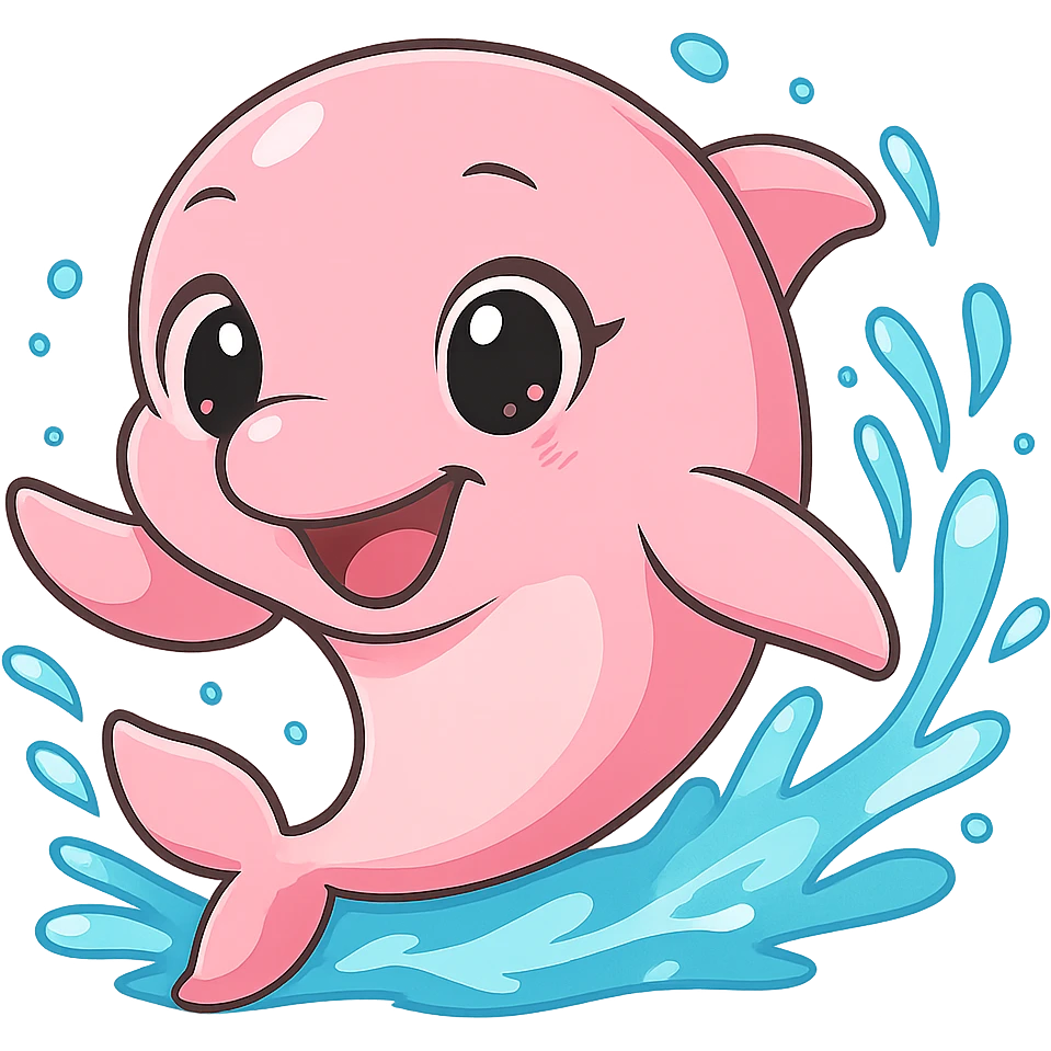 Resize to 128x128 pixels. Pink dolphin enjoying swimming with water effects and a big smile. Keep background transparent. Render in anime style. emoji