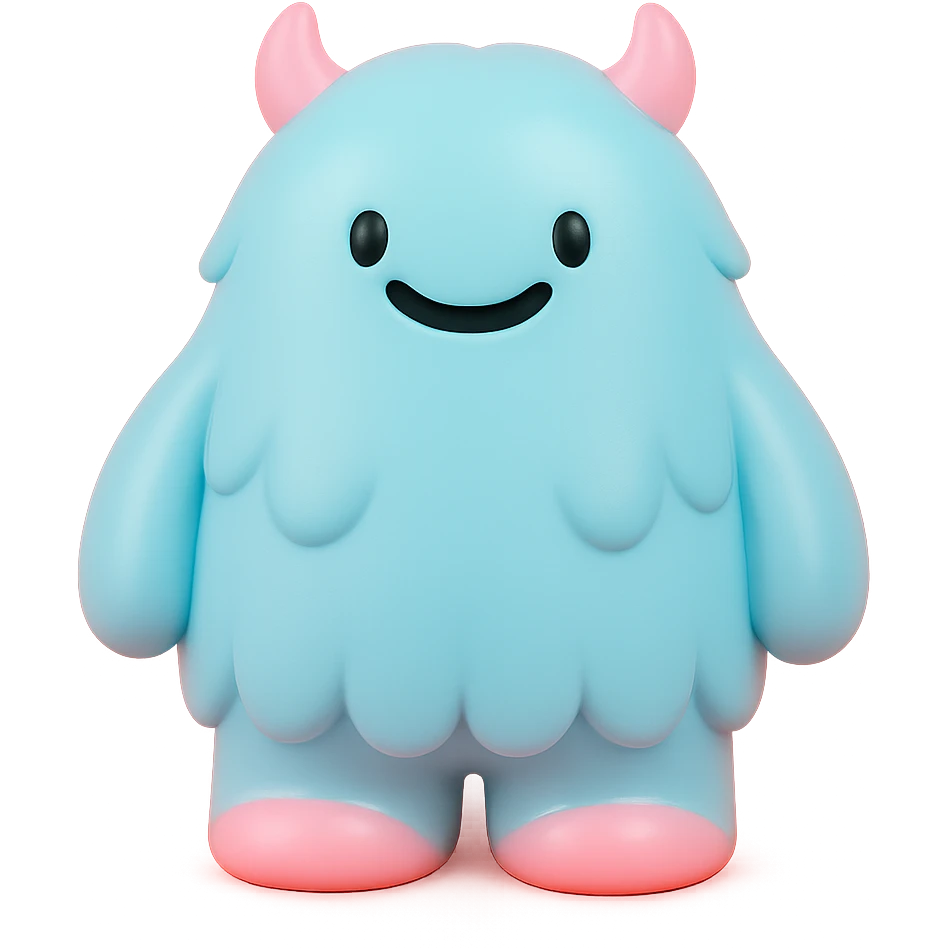 fluffy monster with long fur, tiny horns, cheerful expression, light blue and pink colors emoji