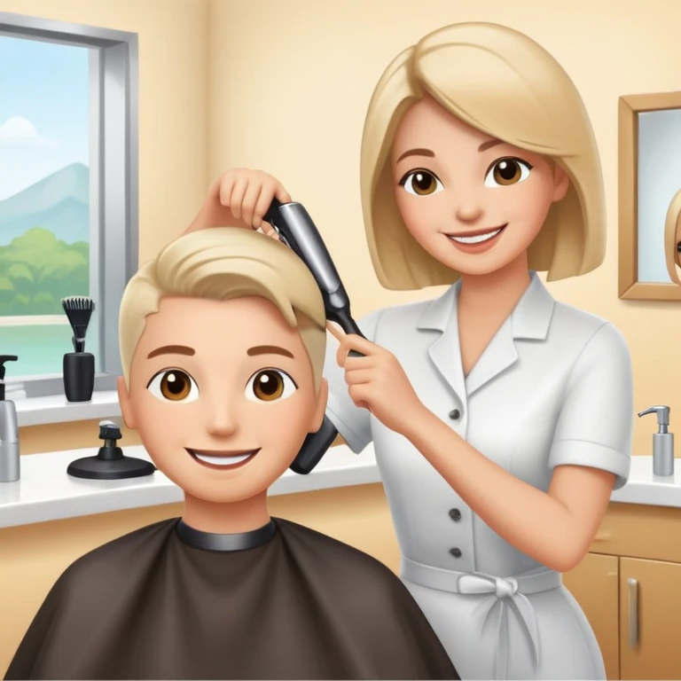 happy woman getting a haircut in a welcoming salon, both client and hairstylist smiling, no threatening elements emoji