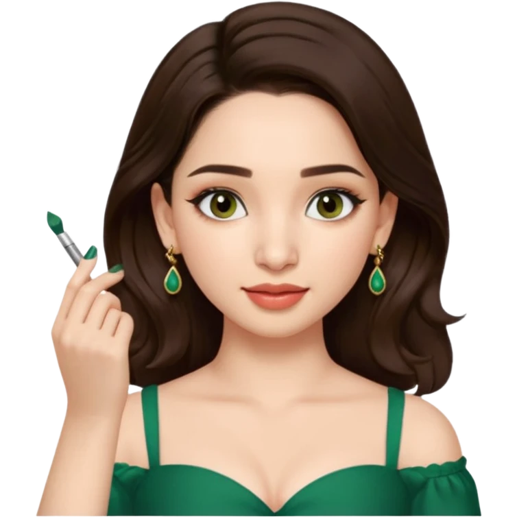 pretty bratz genmoji that looks like tamannah bhatia (bollywood actress), wearing a dark green sweetheart neckline top, dark brown hair, light makeup, no necklace, dangly earrings, side hair part, fair. dark brown eyes


Show her applying something on her face with a finger emoji