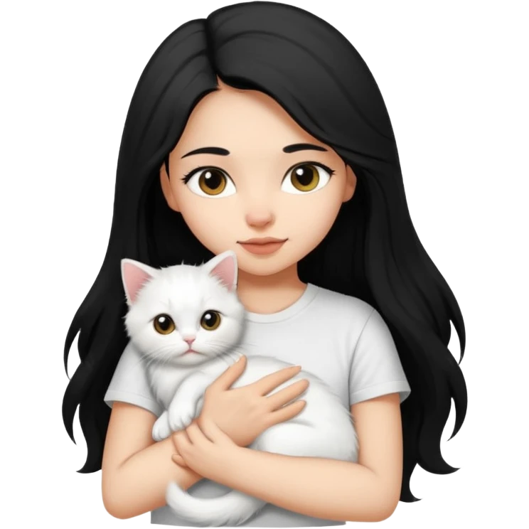 a girl with long dark black hair, in a white t-shirt, hugs a persian kitten 3 months old black and white one cat. emoji | AI Emoji Generator emoji