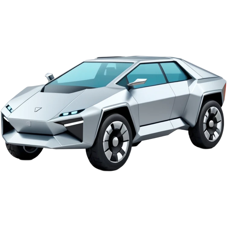A futuristic chrome car emoji, sharp geometric body design inspired by cybertruck aesthetics, smooth silver metallic surface, matte and glossy chrome mix, minimal details, soft reflections, clean edges, iOS emoji style, centered, clean white background, soft studio lighting, no text emoji