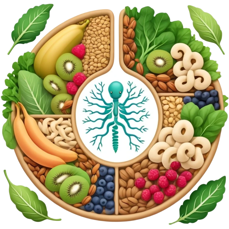 Whole grains, beans, lentils, colorful fruits, leafy greens, and small nuts surrounding an ethereal digestive system with visible intestinal tract. Gentle cleansing light flows through the intestines like a magical river, showing fiber's purifying effect. emoji