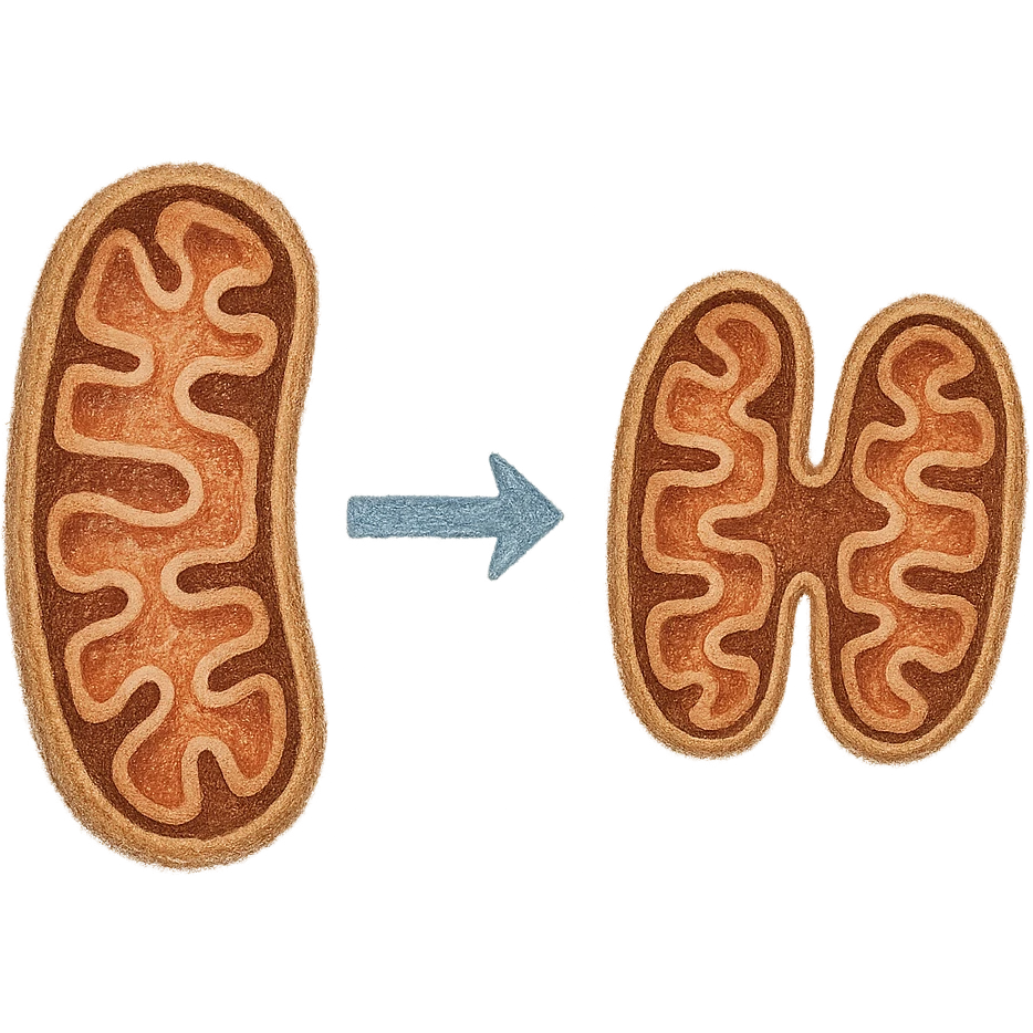realistic colored drawing of mitochondrial biogenesis step 3: division of the mitochondrion into two, visible texture on white paper, isolated on white background emoji
