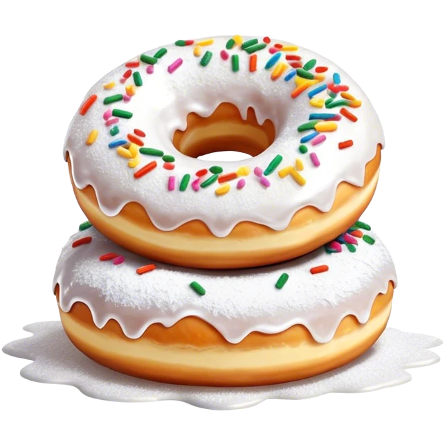 Cinematic fluffy donuts, perfectly golden and dusted with powdered sugar, vibrant icing with sprinkles, stacked in a playful arrangement, soft glowing highlights, warm and inviting. emoji