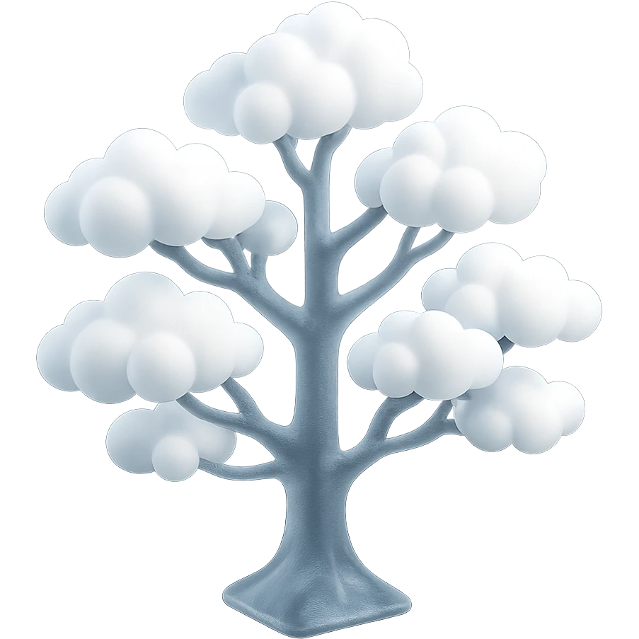 one tree with many branches, each branch covered with small, very bright white, saturated color, fluffy convex clouds, matte glass style, no background emoji