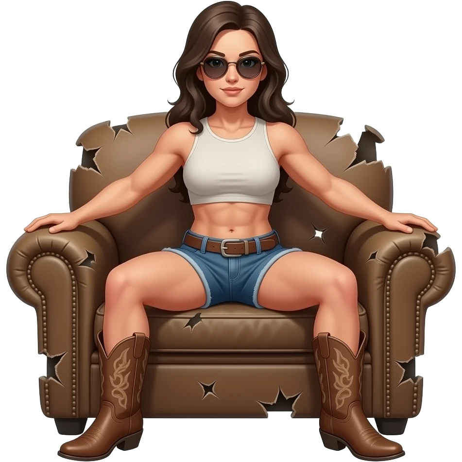 muscular naked girl with teardrop sunglasses sits on a torn armchair and stretches . she has cowboy boots emoji
