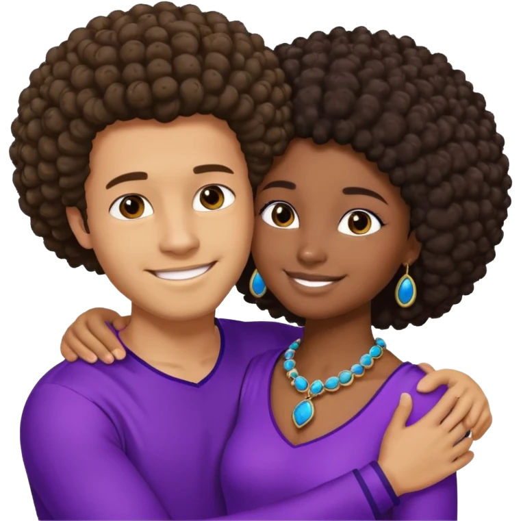 Tan male with short straight, light wavy hair, smiling and hugging a darkblack African  girl with Afro in purple clothes with blue jewelry emoji