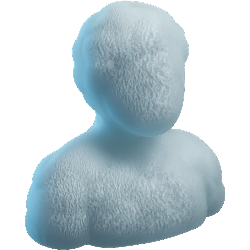 front view of a person made entirely of white fluffy convex clouds, shoulders visible, matte glass style emoji