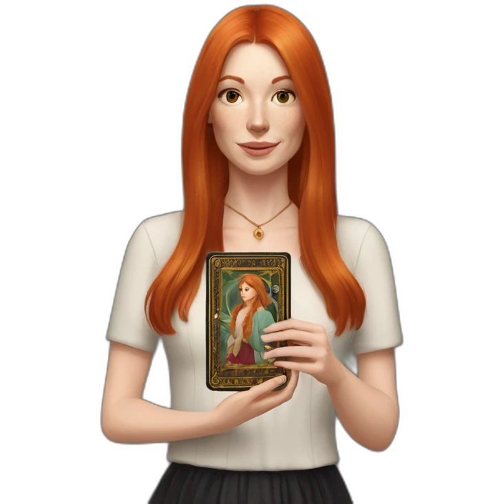 redhead white woman medium long straight hair, holding a tarot card in her hand emoji