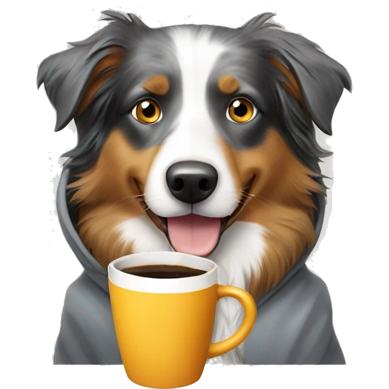 Australian shepherd with hoodie on drinking coffee emoji