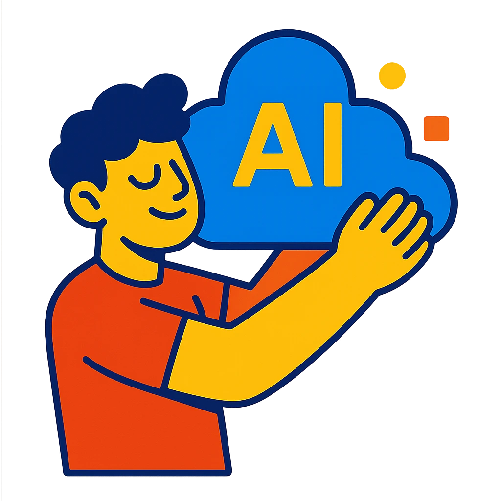 person with arms around a floating data cloud representing AI emoji