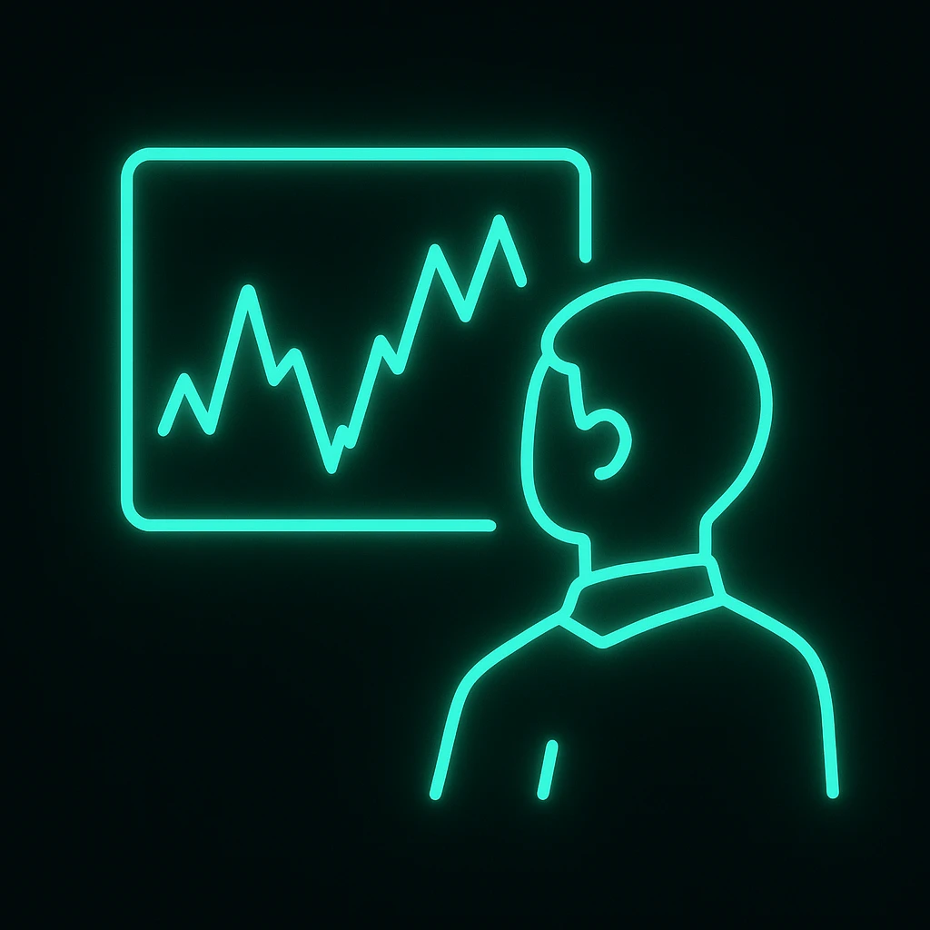minimalist neon icon of a trader watching a volatile stock chart, color #0BD794, glowing lines emoji