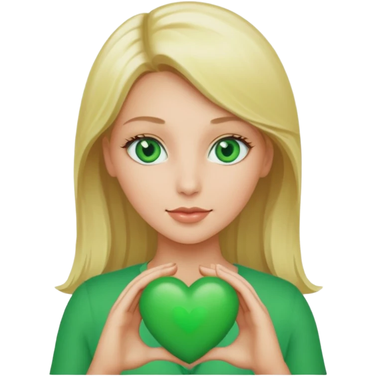 Create a blonde less angelic women with green eyes holding a green hearth emoji