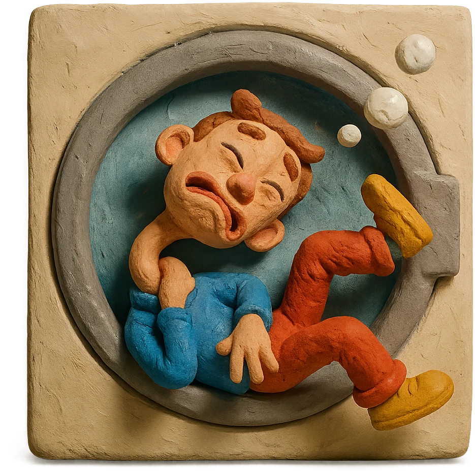 a character with exaggerated neck bend, spinning and tumbling inside a washing machine, bubbles and dizzy face emoji