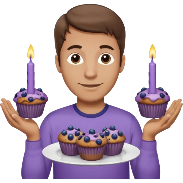 Make a white man with brown hair wearing a shirt that says happy b day Virginia holding a blueberry muffin with a birthday candle in it. Have him holding multiple muffins and no candles in hand. Have him wearing a purple shirt. He should still be a white guy in a light purple shirt emoji