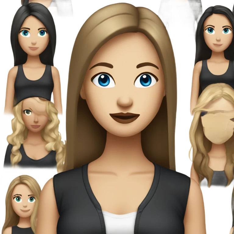 entire, white woman with straight long mid hair, dark brown hair, blue eyes, round face, uni-lips, wearing a black outfit, stylish. emoji