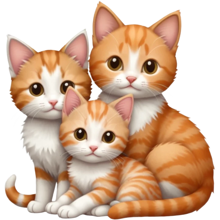 3 tiny kittens cuddling together all different colours, the first one is grey and white, the second is ginger and white and the third is brown tabby and white emoji