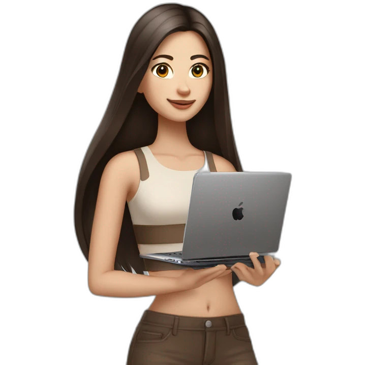 Beautiful woman, white skin,  long straight hair dark brown, dark brown eyes, with an iphone 14 pro max and a laptop, with basic outfit in nude color and comfy emoji