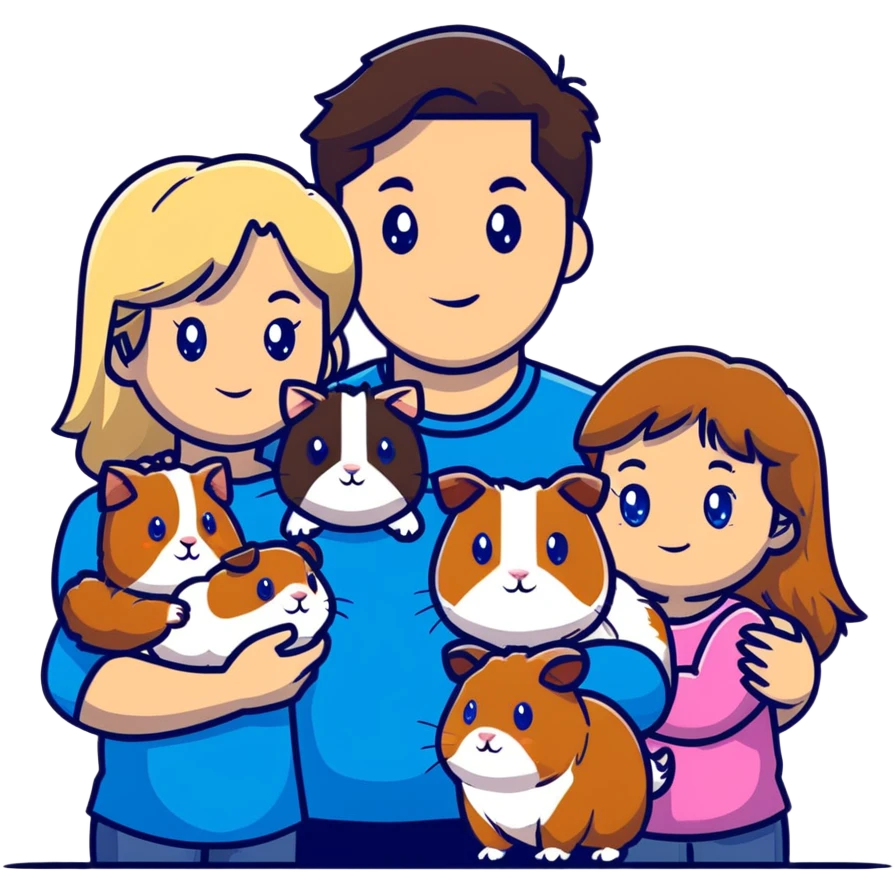 Family portrait with father with dark brown hair and blue eyes, mother with light brown hair and blue eyes, three blonde little girls with blue eyes, plus a cat and two guinea pigs emoji