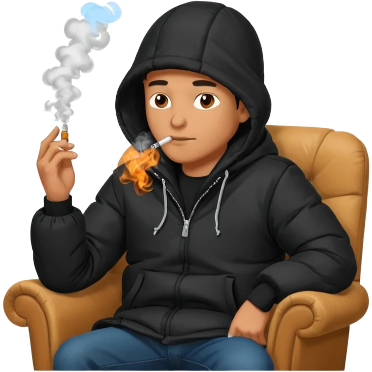 A man sitting on a chair, wearing a black puffed coat with hood, hands in his pocket, smoking a cigaret, he is on a chair i emoji
