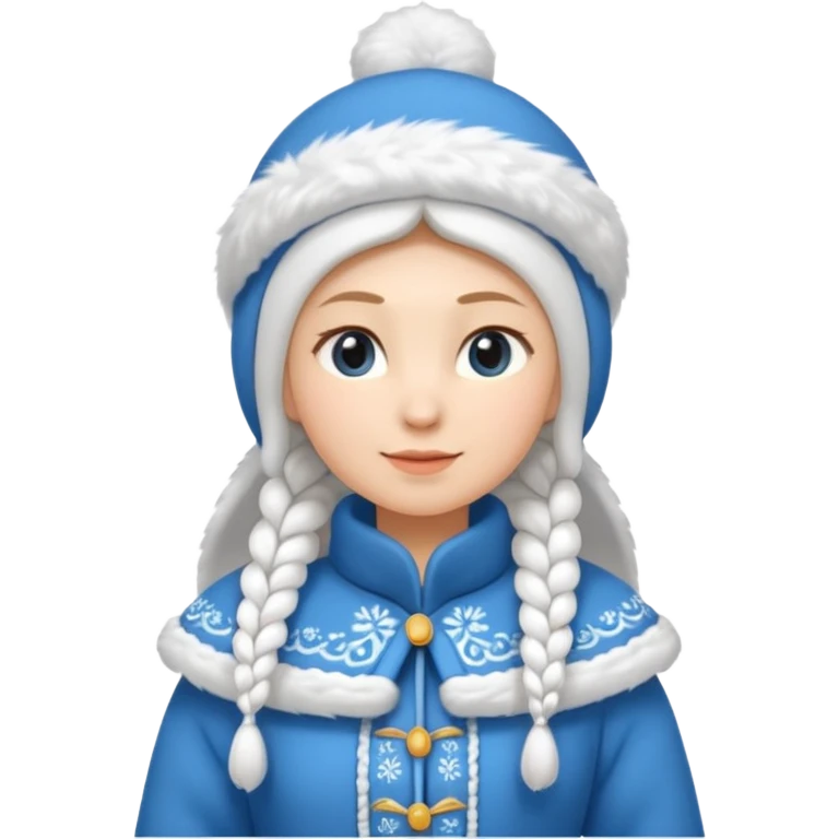 A cute Snow Maiden (Snegurochka) emoji, full body, standing in side view, wearing a traditional blue winter coat with white fur trim, long braid, and a kokoshnik-style winter hat. emoji