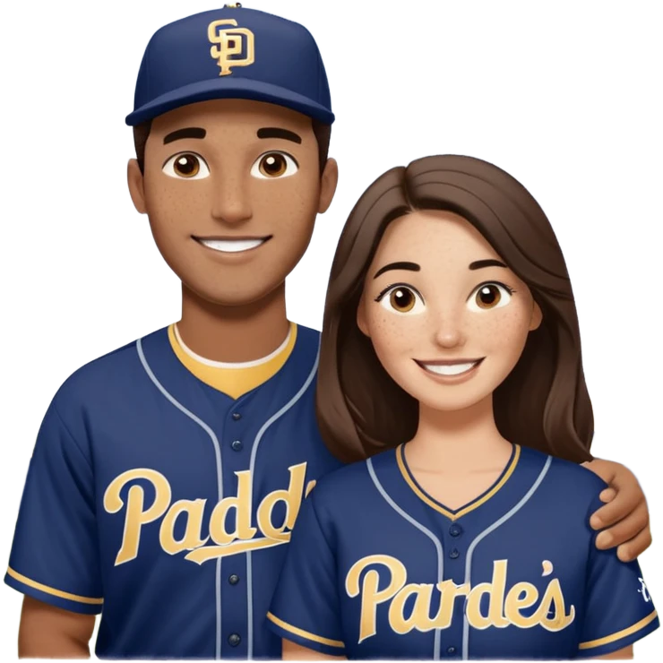 *White* Smiling couple. Woman has big cheeks and a lot of freckles on the nose. long brown hair. Man has black and very short hair and prominent eyebrows with egipcian nose. Both are wearing “Los Padres” baseball jerseys and with a sign that says “Go Padres!” emoji