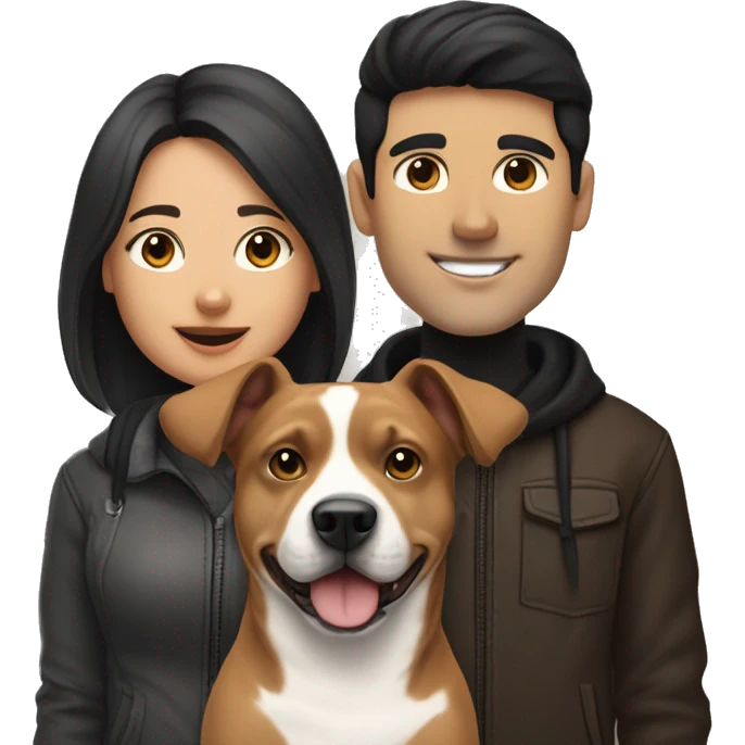 Create an emoji-style image of a young couple: a woman with dark brown hair and a man with black hair. In front of them are two dogs: a small white-and-black dog with black spots on its face and a larger tan pitbull with a white patch on its chest. emoji
