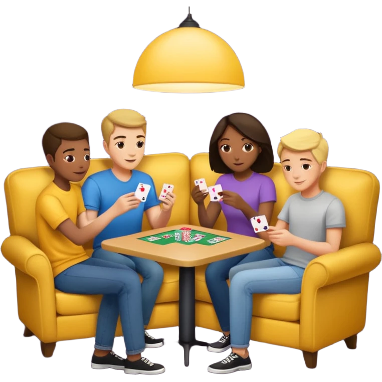 group of friends on couch playing a card game couch should be deep dark yellow color emoji