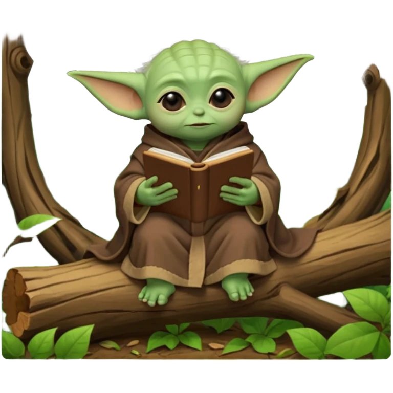 Baby Yoda con su tunica chocolate leyendo en un bosque sentado en una rama caida de un arbol emoji