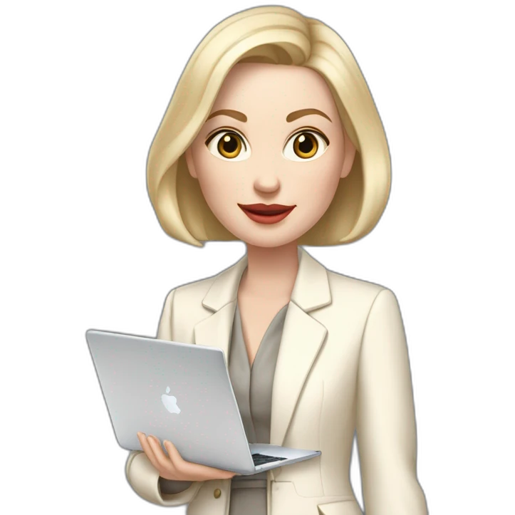 pale skin woman with ash blonde Straightened bob Hair, White Spacious classical jacket, beige palazzo Arrow pants and gray blouse holding a MacBook in the hands emoji