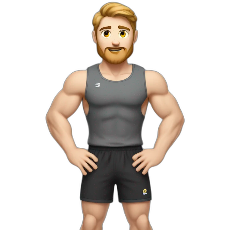 Close up Actively gesturing  with hands Pale skinned Fit Man With the biceps and brown hair in dark gray Sleeveless Mike, black oversize sports shorts, watch and white Sneakers emoji