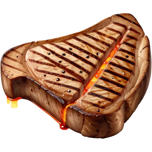 Cinematic thick-cut t-bone steak, perfectly seared with grill marks, a grilled center, rich and savory, warm glow, sizzling and mouthwatering, highly detailed and appetizing. emoji