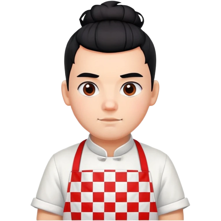 big boy with black hair in a topknot, wearing a white apron with red squares pattern emoji
