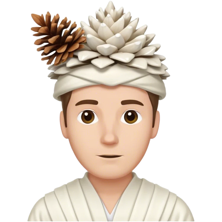 White guy with white gown and white pinecone on head emoji