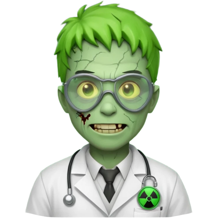 radioactive zombie scientist portrait, head and shoulders only, glowing toxic veins, cracked goggles, lab coat with radiation badge, sinister smile, 3D cartoon, mobile game icon style, clean background, no text, no watermark
 emoji