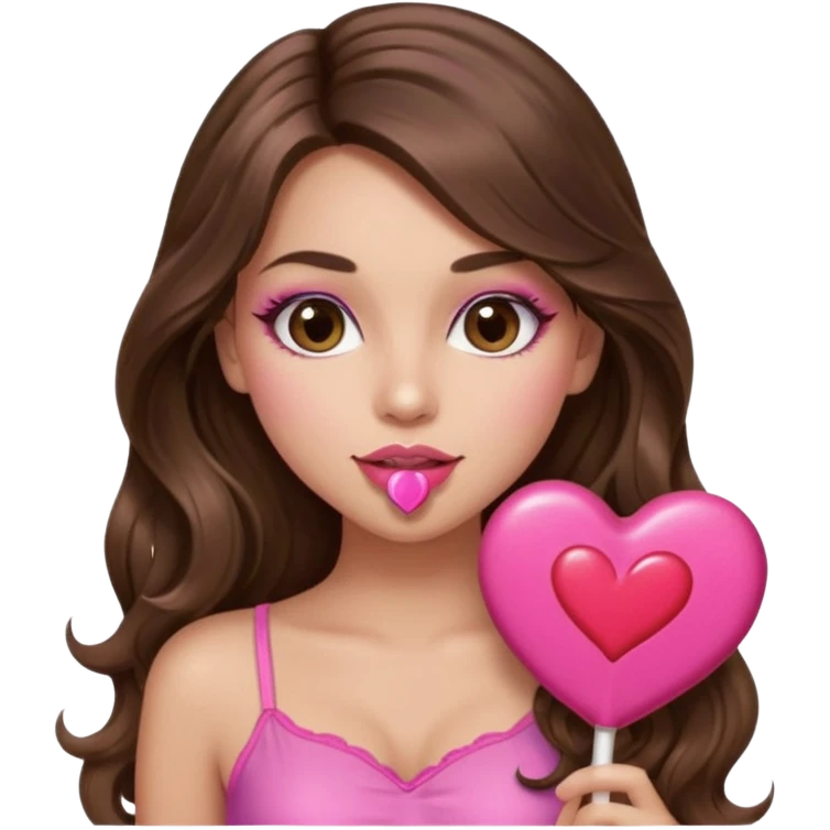 girl with long wavy brown hair, brown eyes, long lashes makeup, sexy pink lips, light to medium complexion, wearing a pink sexy top,, heart lillipop emoji