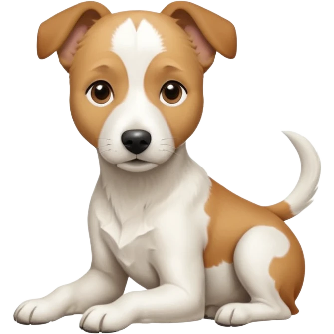 a full body facing front on of a buff white beagle cross jack russell terrier looking dog the size of a kelpie with light brown long ears resting on its face and a light brown patch above one eye and a large snout. the rest of the dog is completely white.  emoji