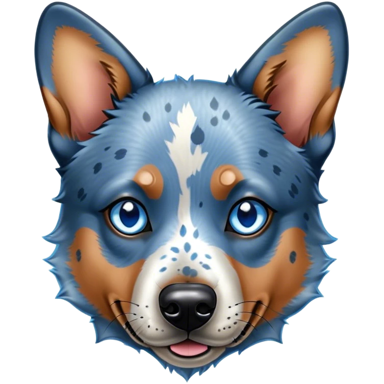 Cinematic Noble Blue Speckle Australian Cattle Dog Portrait Emoji, Poised and regal, with a robust, athletic build and a striking blue speckle Fur, piercing blue eyes, Simplified yet sharp and sophisticated features, highly detailed, glowing with a cool, dignified glow, high shine, intelligent and hardworking, stylized with an air of precision, focused and attentive, soft glowing outline, capturing the essence of a watchful and determined herder, so majestic it feels as though it could leap out of the screen with effortless authority! emoji