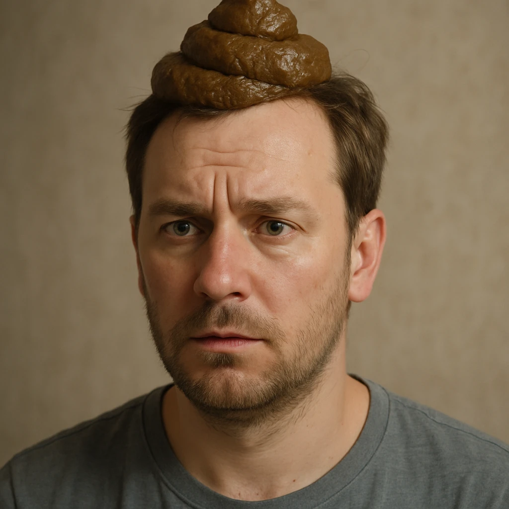 realistic illustration of a man with poop on his head, detailed facial features, natural lighting, no cartoon elements emoji