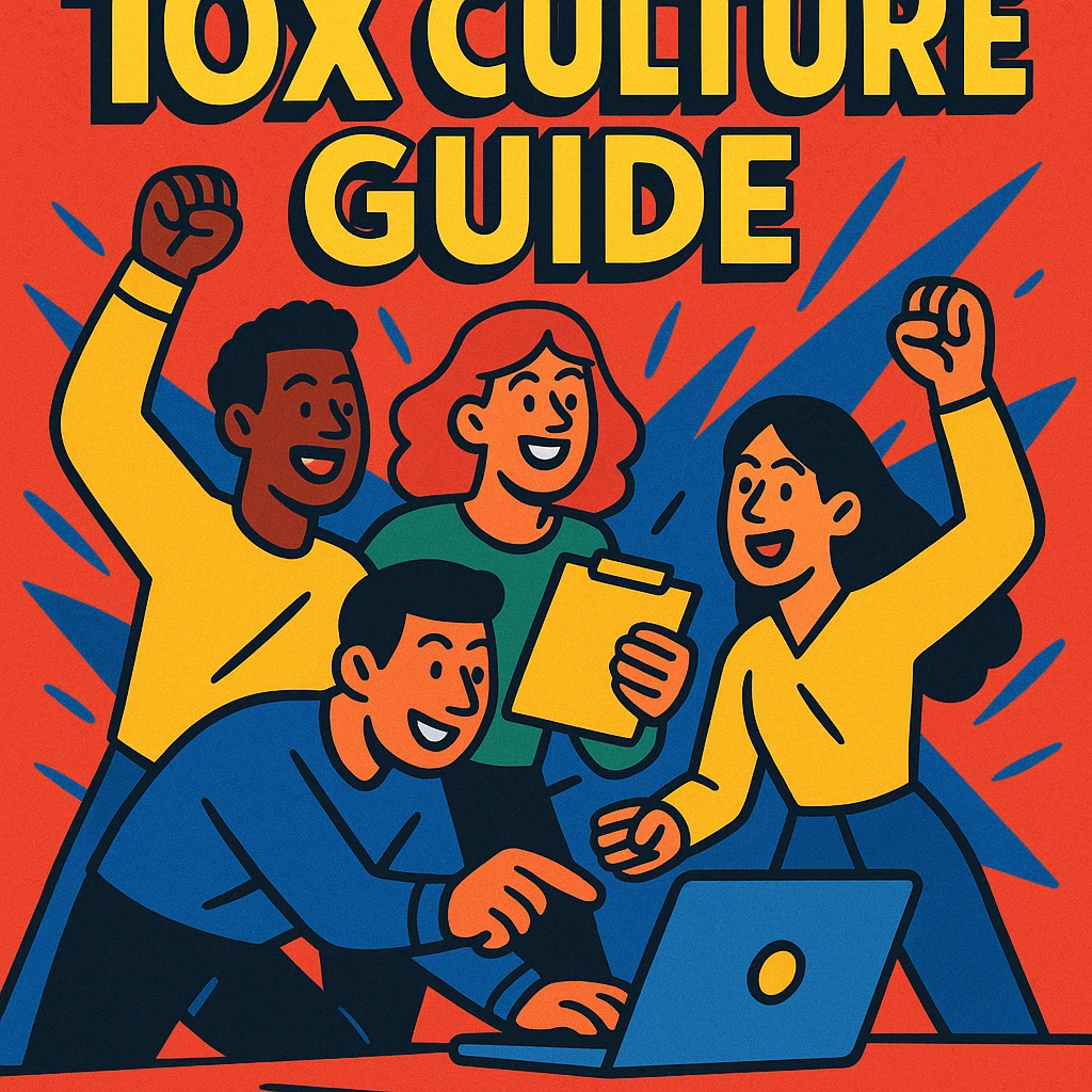 '10x culture guide' cover, dynamic team, bold colors, comic energy emoji