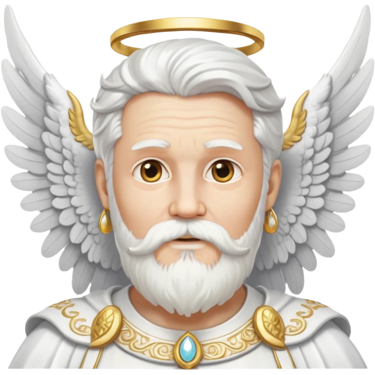 Ancient god with white angel wings spread wide, silver-white hair, beard and mustache, ornate gold earrings dangling from both ears emoji