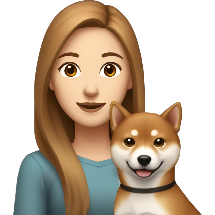 beautiful woman, straight long light brown hair, brown eyes smiling with dog Shiba Inu emoji