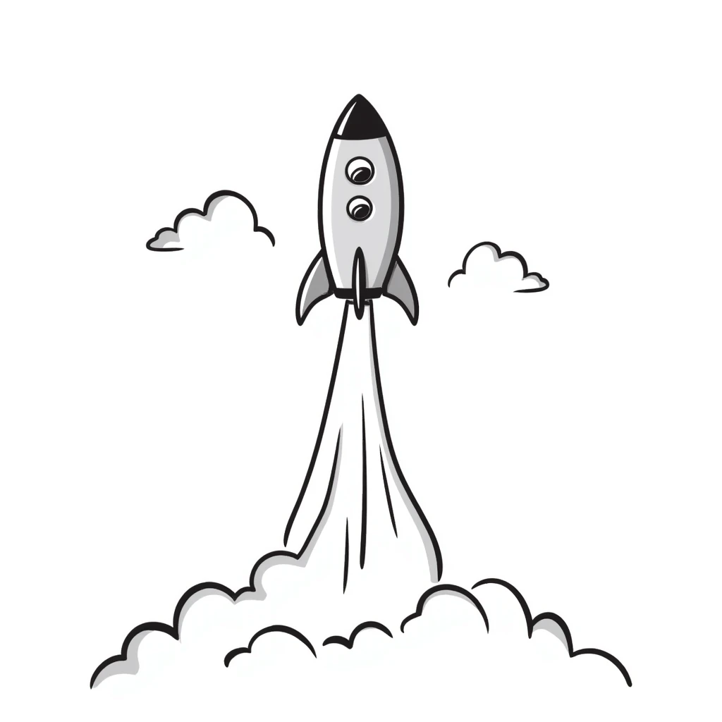 Hand-drawn rocket launching from launchpad with flames and smoke trails emoji