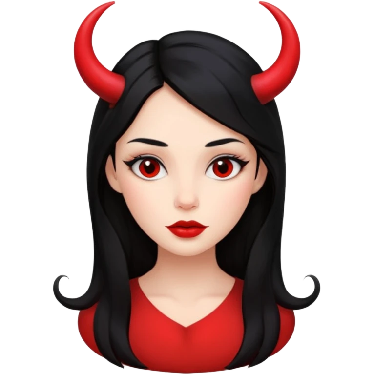 A girl's face with cheekbones, red skin, long black hair, small red horns, big lips emoji
