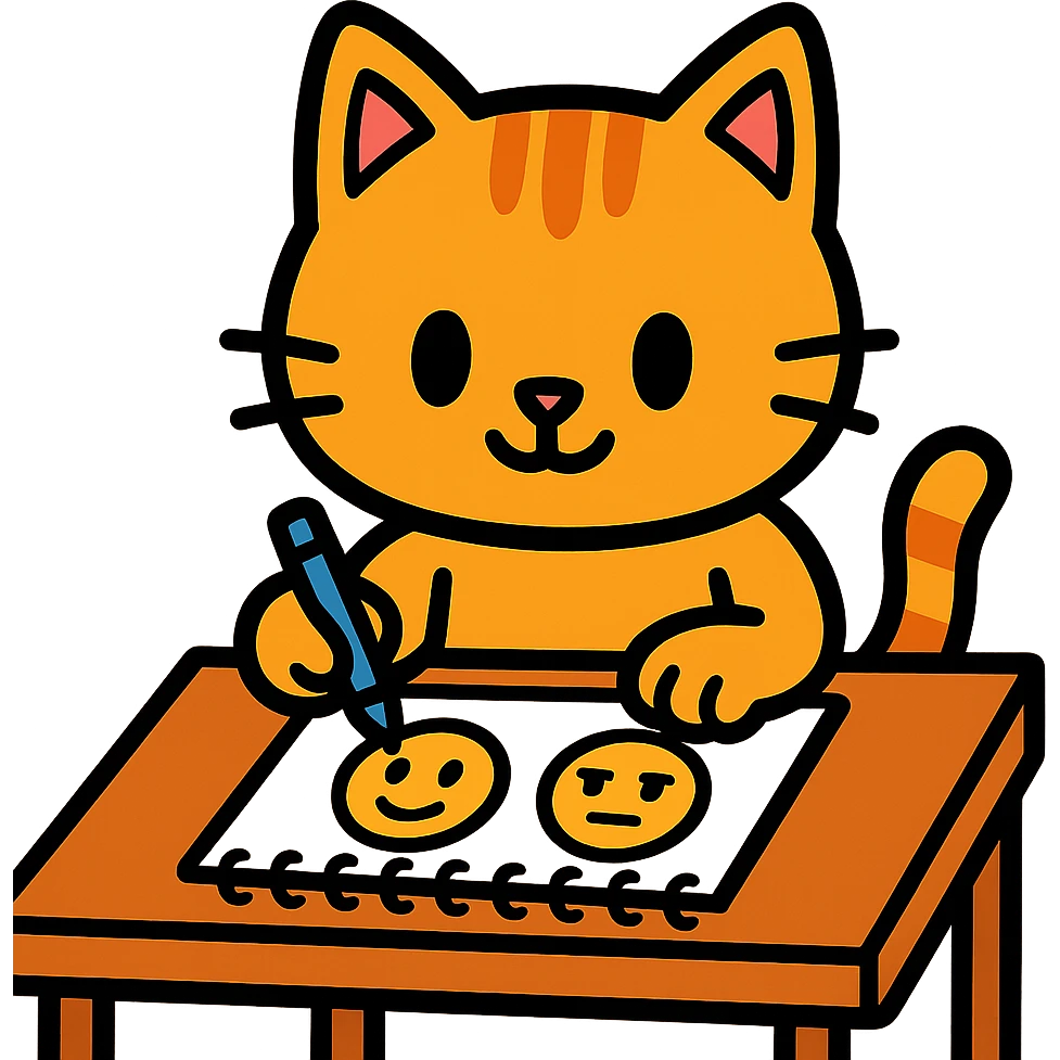 cute cartoon kitty sitting at a desk, drawing emoji faces emoji