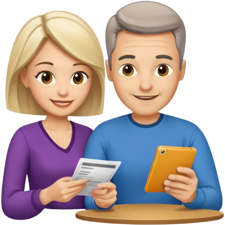 casually dressed stylish  looking husband and wife in their 40s avatars reviewing their finances together  emoji