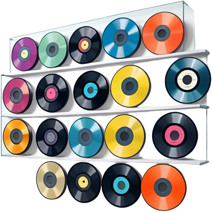 Icon for Vinyl Record Collecting: colorful vinyl records in decorative packaging featuring artist images, neatly arranged on a wall or shelf. The icon should reflect the aesthetic and artistic aspect of collecting vinyl records. Transparent background. emoji